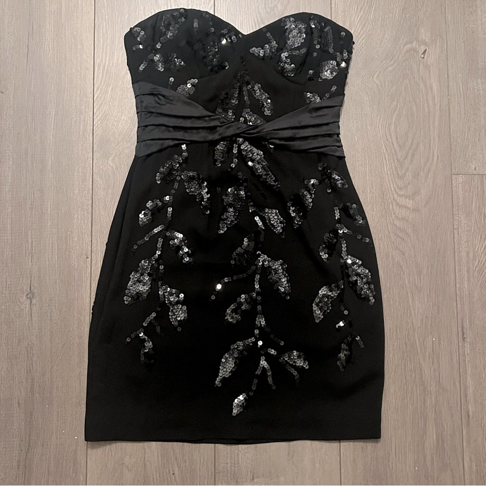BCBG MaxAzria Black Strapless Sequin Embroidered Mini Dress with Silk Waist